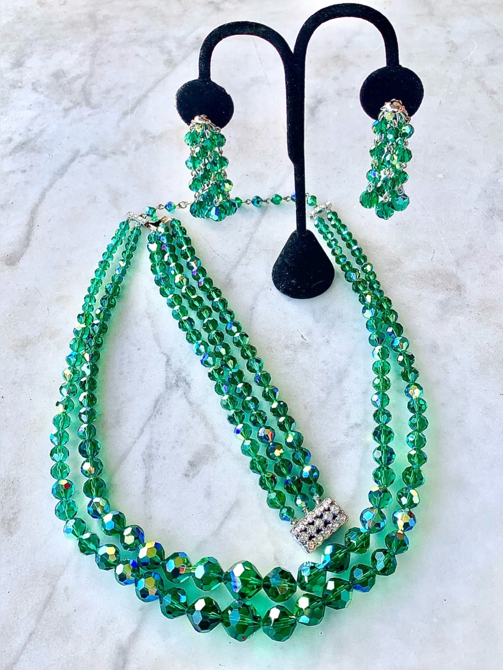 LAGUNA GREEN CRYSTAL AB Necklace BRACELET Earrings 3PC PARUE Set VINTAGE 50’s